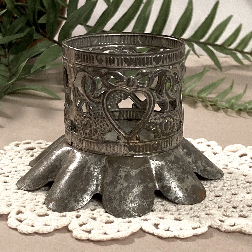 Vintage Punched Tin Candle Holder Heart Design